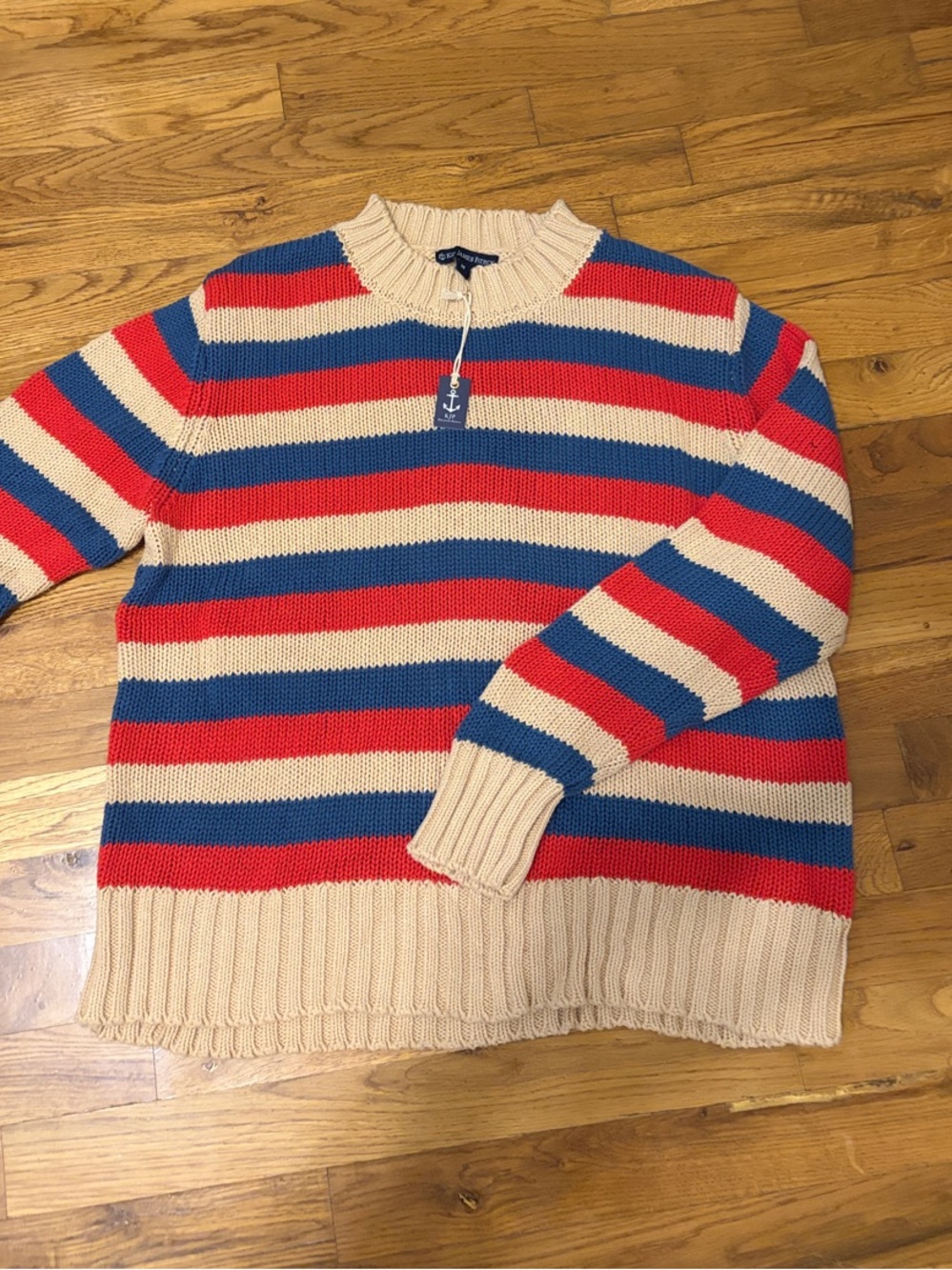 Kiel James Patrick Cream, Red & Blue Striped Crewneck Sweater
